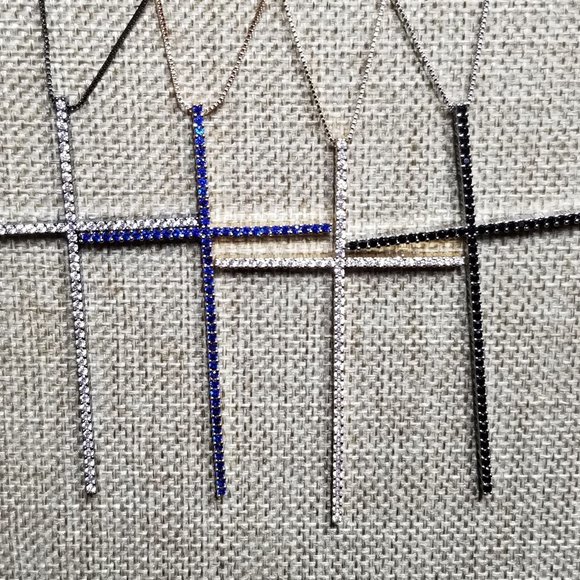 AAA Zircon & Copper Cross Necklace. Blue & Gold - Picture 8 of 8